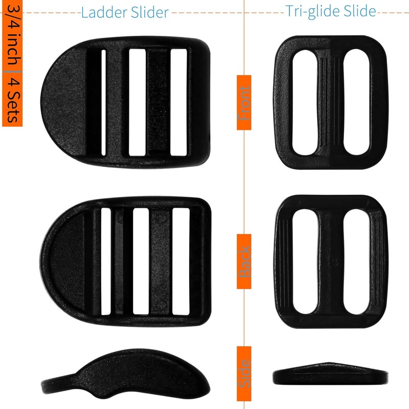 LASIGHT 4 Pack Slider Ladder Lock Buckle and Tri-glide Slide for 3/4", 1", 1-1/4", 1-1/2", 2" Webbing Strap - Image 4
